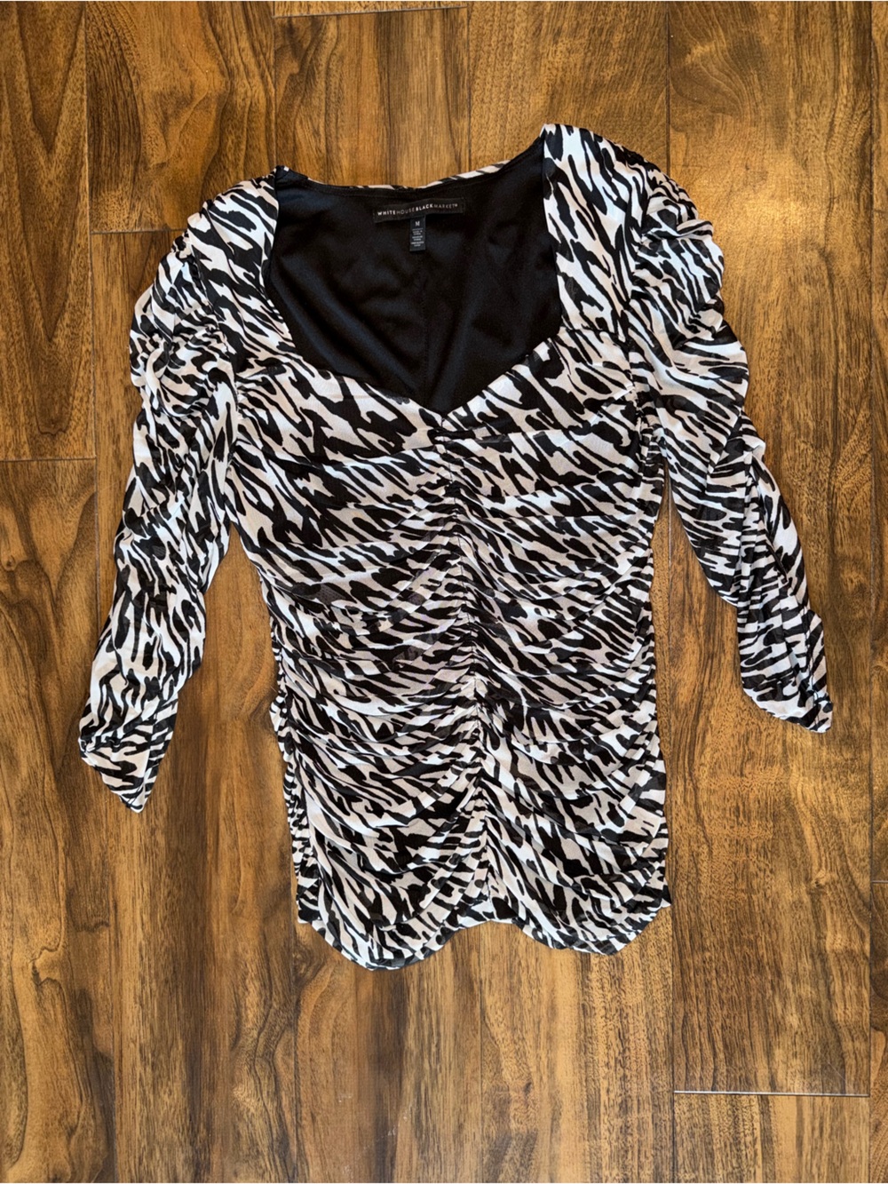 WHBM Zebra Print Ruched Long Sleeve Mesh Top